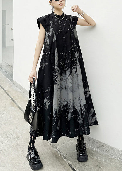 Chic Black Print Wrinkled Cotton Long Dresses Summer