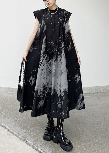Chic Black Print Wrinkled Cotton Long Dresses Summer