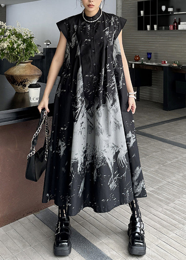 Chic Black Print Wrinkled Cotton Long Dresses Summer