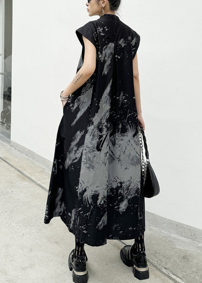 Chic Black Print Wrinkled Cotton Long Dresses Summer