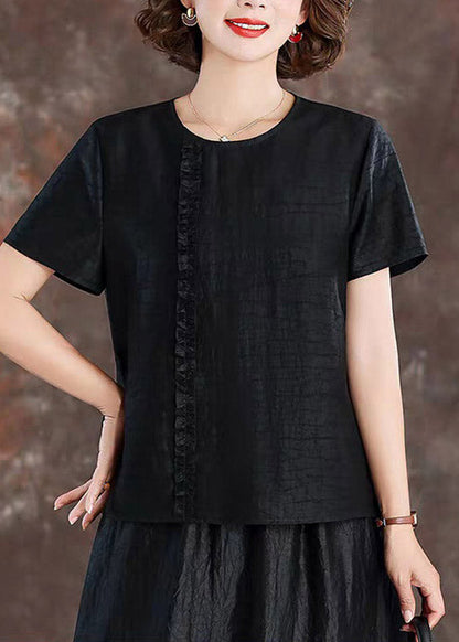 Chic Black Ruffled Patchwork Silk Tops Short Sleeve
