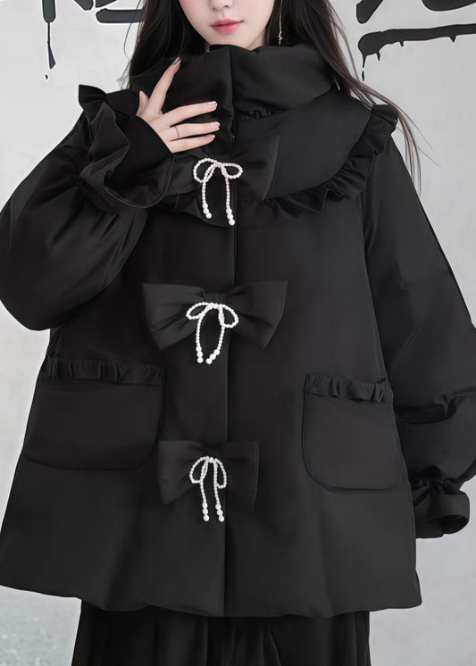 Chic Black Ruffled Pockets Patchwork Fine Cotton Filled Puffers Jackets Winter