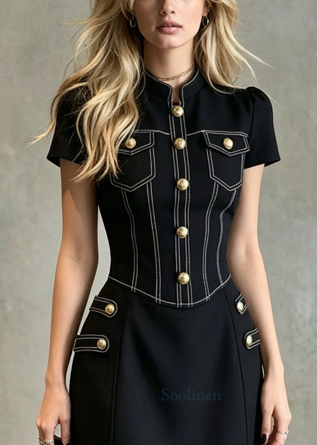 Chic Black Stand Collar Button Denim Mid Dress Summer
