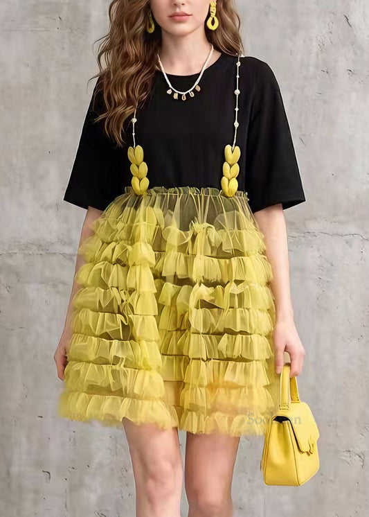 Chic Black Tulle Ruffled Patchwork Cotton Mid Dress Summer