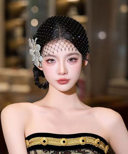 Chic Black Tulle Zircon Floral And HairPiece Two-Piece Set