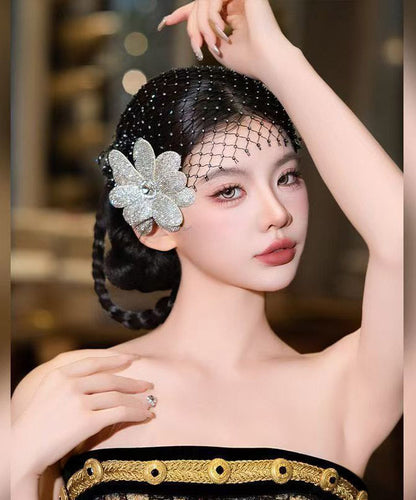 Chic Black Tulle Zircon Floral And HairPiece Two-Piece Set