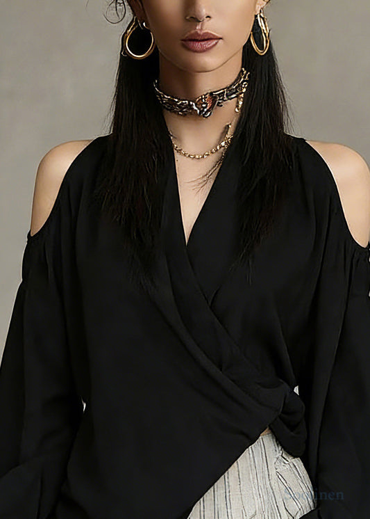 Chic Black V Neck Cold Shoulder Solid Top Spring