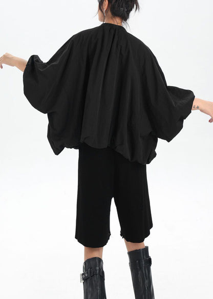 Chic Black Zip Up Pockets Patchwork Cotton Jacket Flower Bud Sleeve