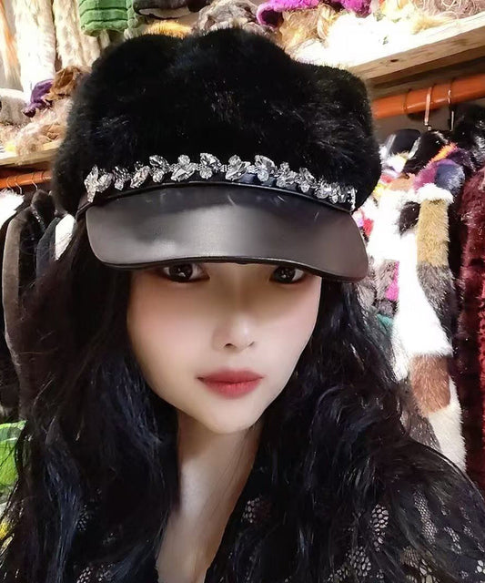 Chic Black Zircon Fuzzy Fur Fluffy Beret Hat
