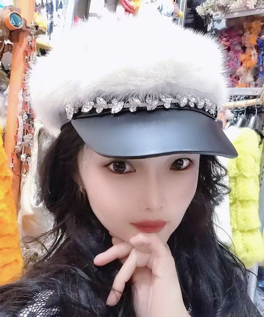 Chic Black Zircon Fuzzy Fur Fluffy Beret Hat