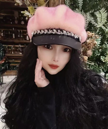 Chic Black Zircon Fuzzy Fur Fluffy Beret Hat