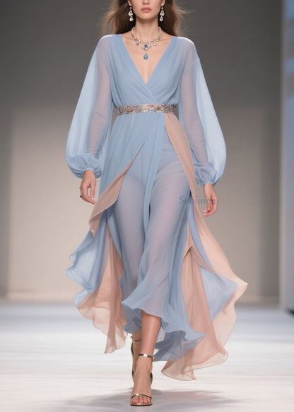 Chic Blue Asymmetrical High Waist Patchwork Chiffon Party Dress