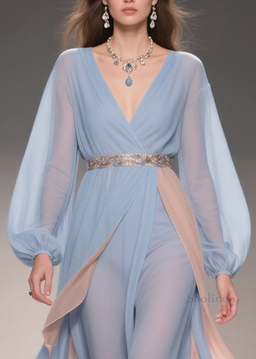 Chic Blue Asymmetrical High Waist Patchwork Chiffon Party Dress