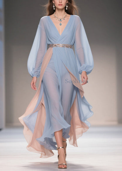Chic Blue Asymmetrical High Waist Patchwork Chiffon Party Dress