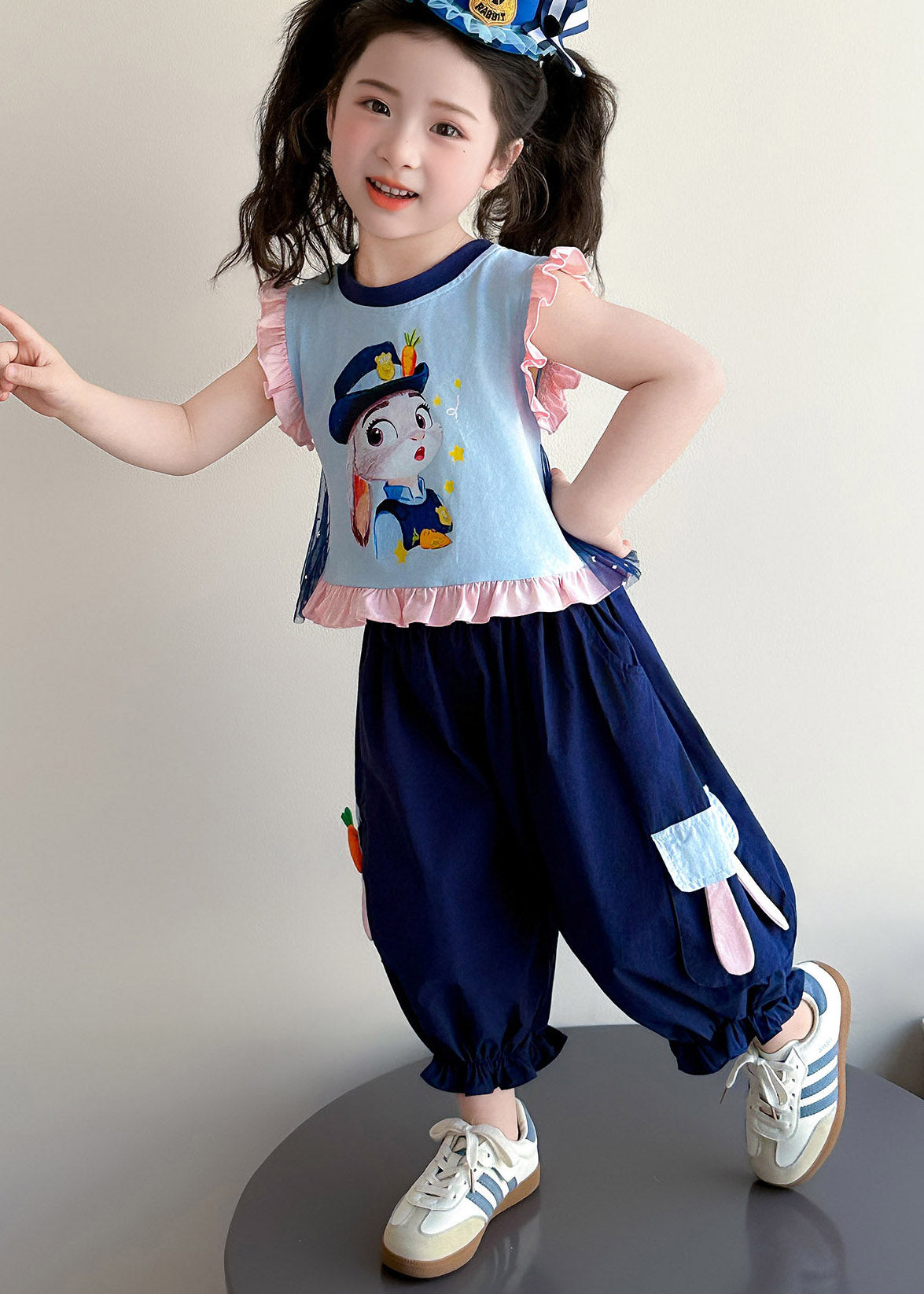 Chic Blue Cartoon Print Ruffled Girls Vest And Crop Pants Two Piece Set Summer