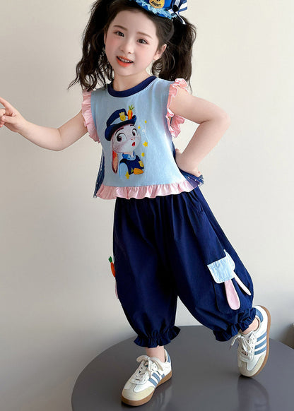 Chic Blue Cartoon Print Ruffled Girls Vest And Crop Pants Two Piece Set Summer