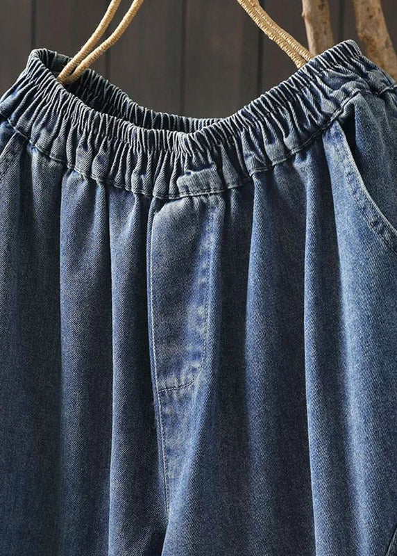 Chic Blue Elastic Waist Pockets Print Crop Jeans