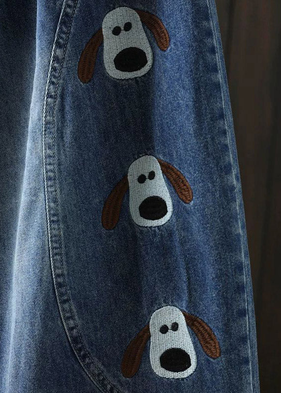 Chic Blue Elastic Waist Pockets Print Crop Jeans