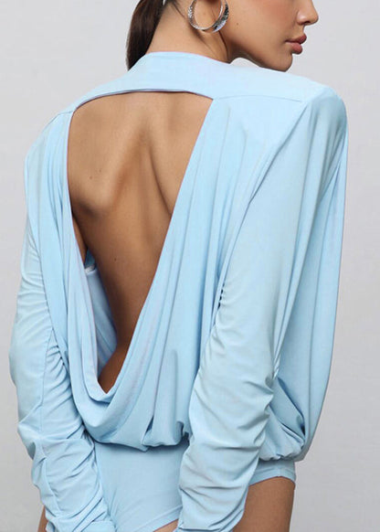 Chic Blue O-Neck Backless Bodysuit Fall