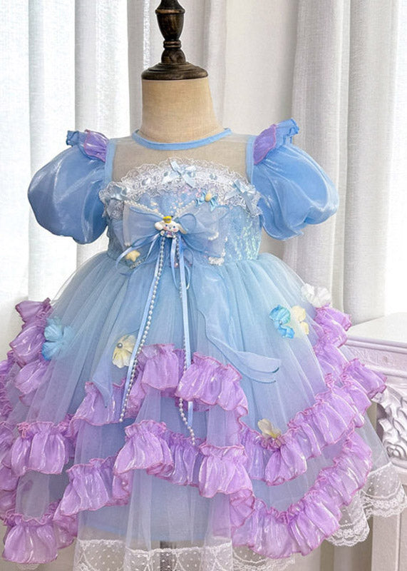 Chic Blue O-Neck Floral Patchwork Tulle Girls Maxi Dress Summer