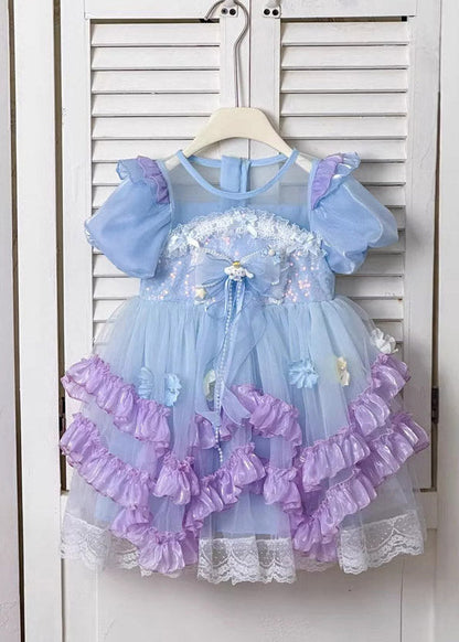 Chic Blue O-Neck Floral Patchwork Tulle Girls Maxi Dress Summer