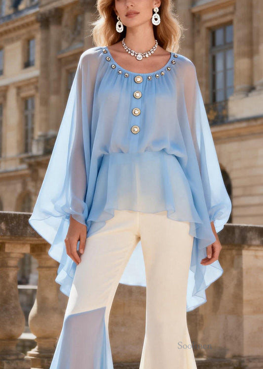 Chic Blue O-Neck Nail Bead Chiffon Shirts And Flared Trousers Two Pieces Set Lantern Sleeve