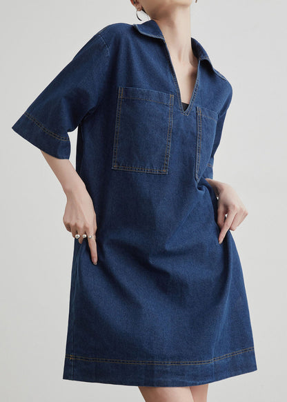 Chic Blue Peter Pan Collar Pockets Denim T Shirt Dresses Summer