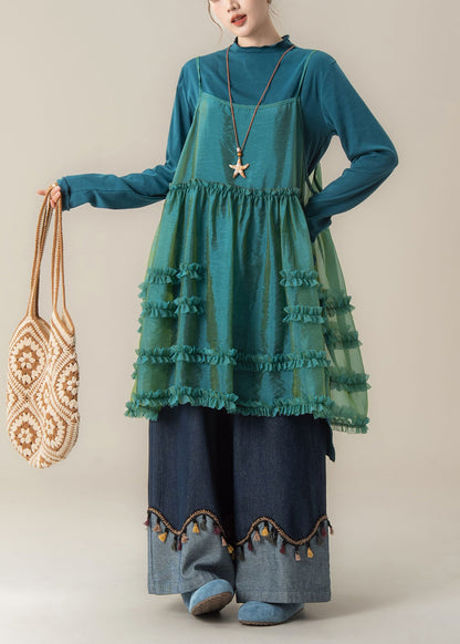 Chic Blue Ruffled Spaghetti Strap Dress T Shirt And Pants Three Piece Suit Set Spring
