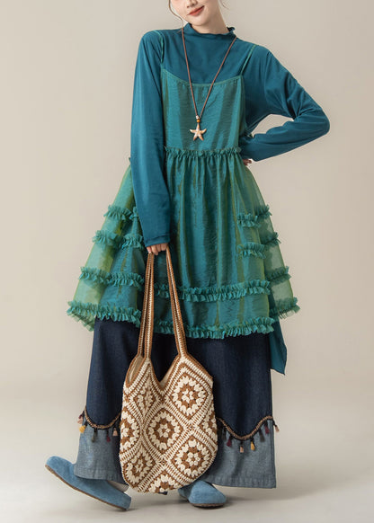 Chic Blue Ruffled Spaghetti Strap Dress T Shirt And Pants Three Piece Suit Set Spring