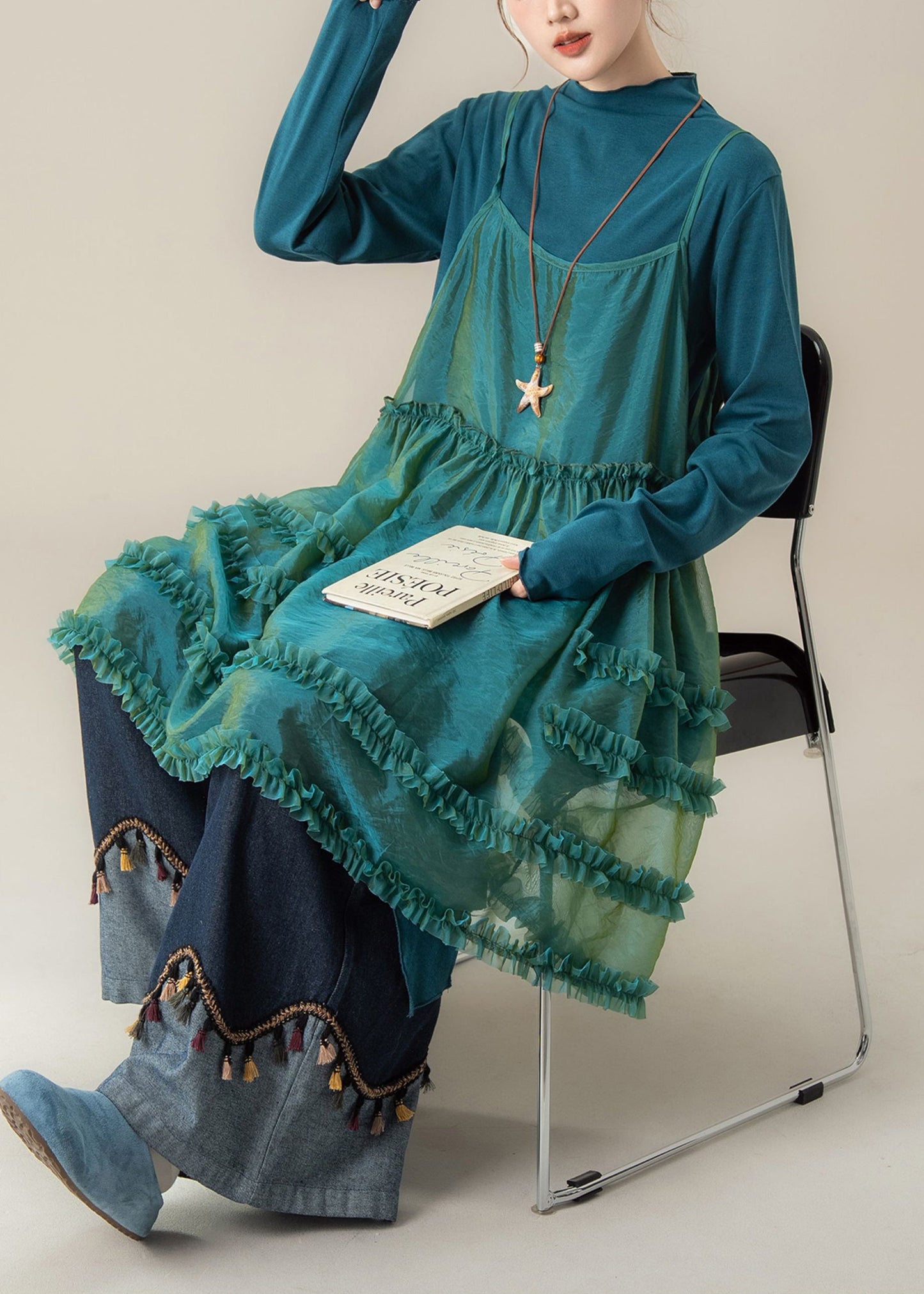Chic Blue Ruffled Spaghetti Strap Dress T Shirt And Pants Three Piece Suit Set Spring
