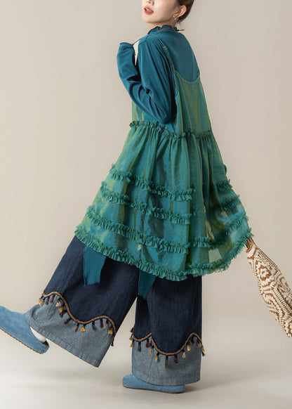 Chic Blue Ruffled Spaghetti Strap Dress T Shirt And Pants Three Piece Suit Set Spring