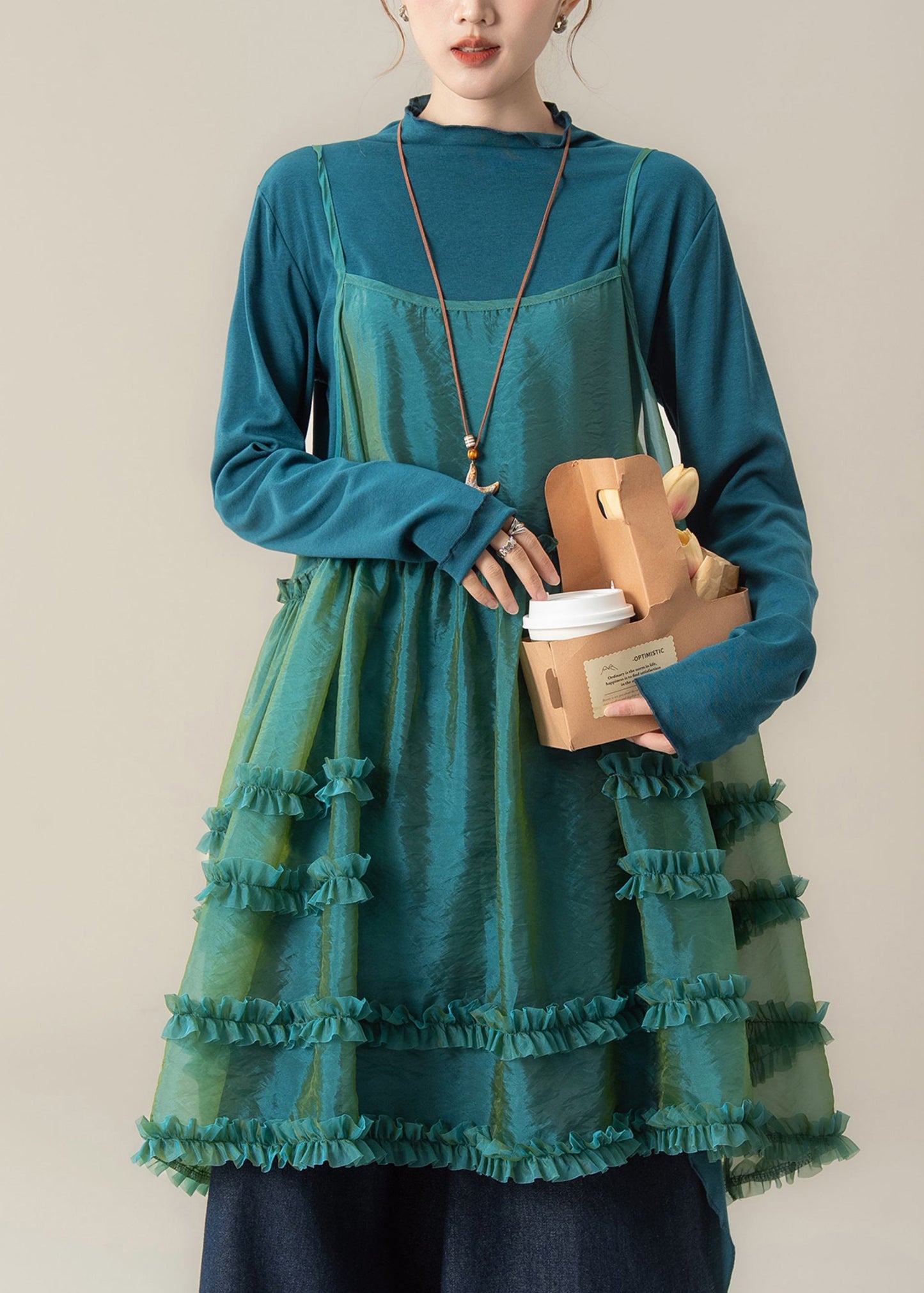 Chic Blue Ruffled Spaghetti Strap Dress T Shirt And Pants Three Piece Suit Set Spring