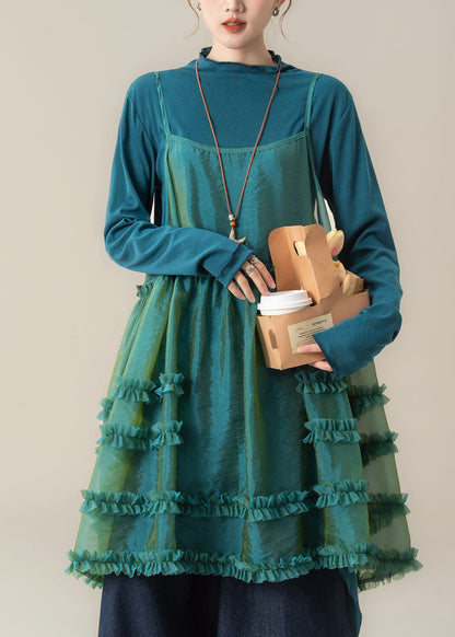 Chic Blue Ruffled Spaghetti Strap Dress T Shirt And Pants Three Piece Suit Set Spring