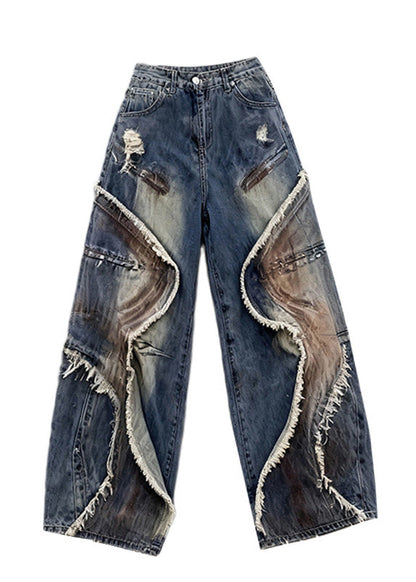 Chic Blue Tasseled Pockets Patchwork Denim Wide Leg Pants Spring