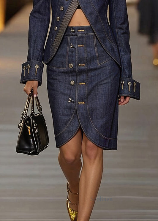 Chic Blue Turtleneck Asymmetrical Patchwork Denim Coats And Skirts Two Pieces Set Spring