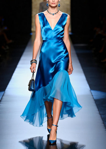 Chic Blue V Neck Asymmetrical Patchwork Silk Dress Sleeveless