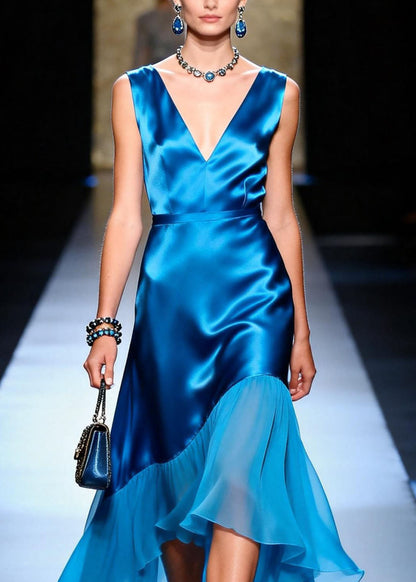 Chic Blue V Neck Asymmetrical Patchwork Silk Dress Sleeveless