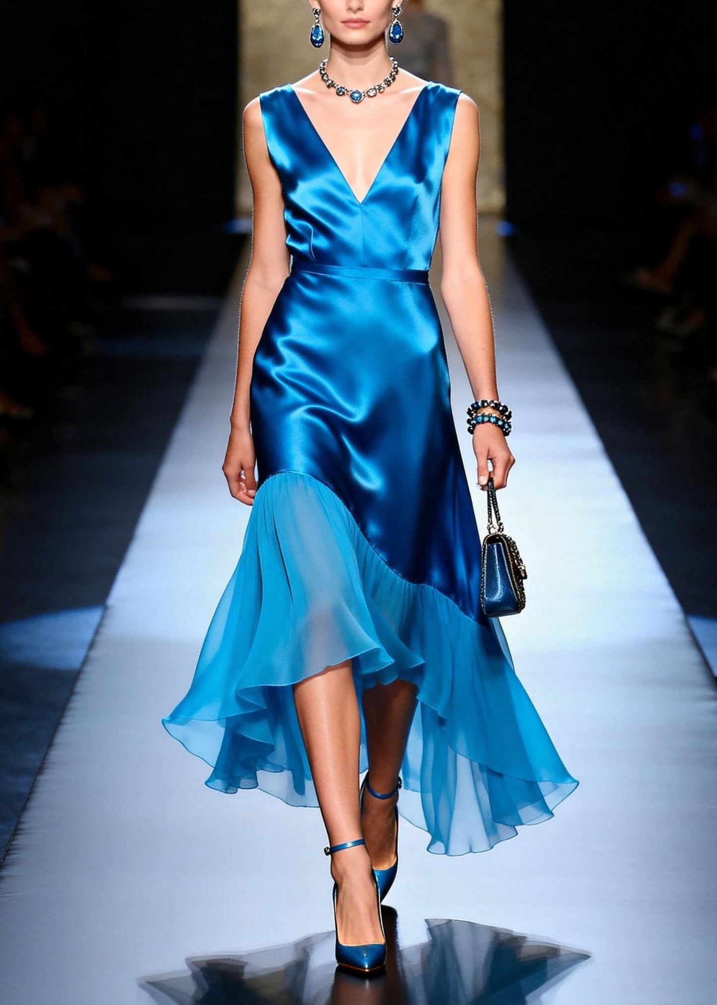 Chic Blue V Neck Asymmetrical Patchwork Silk Dress Sleeveless