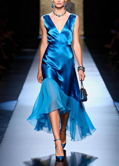 Chic Blue V Neck Asymmetrical Patchwork Silk Dress Sleeveless