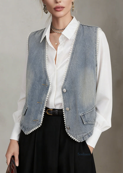 Chic Blue V Neck Pearl Edge Patchwork Denim Vest Sleeveless