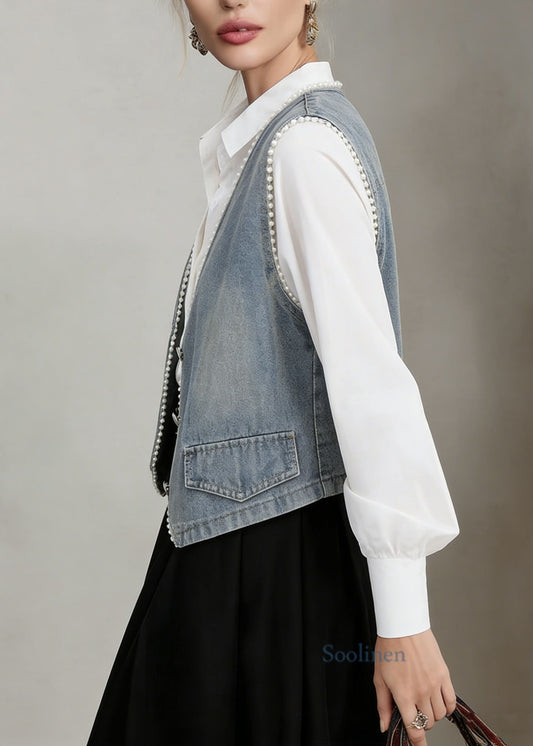 Chic Blue V Neck Pearl Edge Patchwork Denim Vest Sleeveless