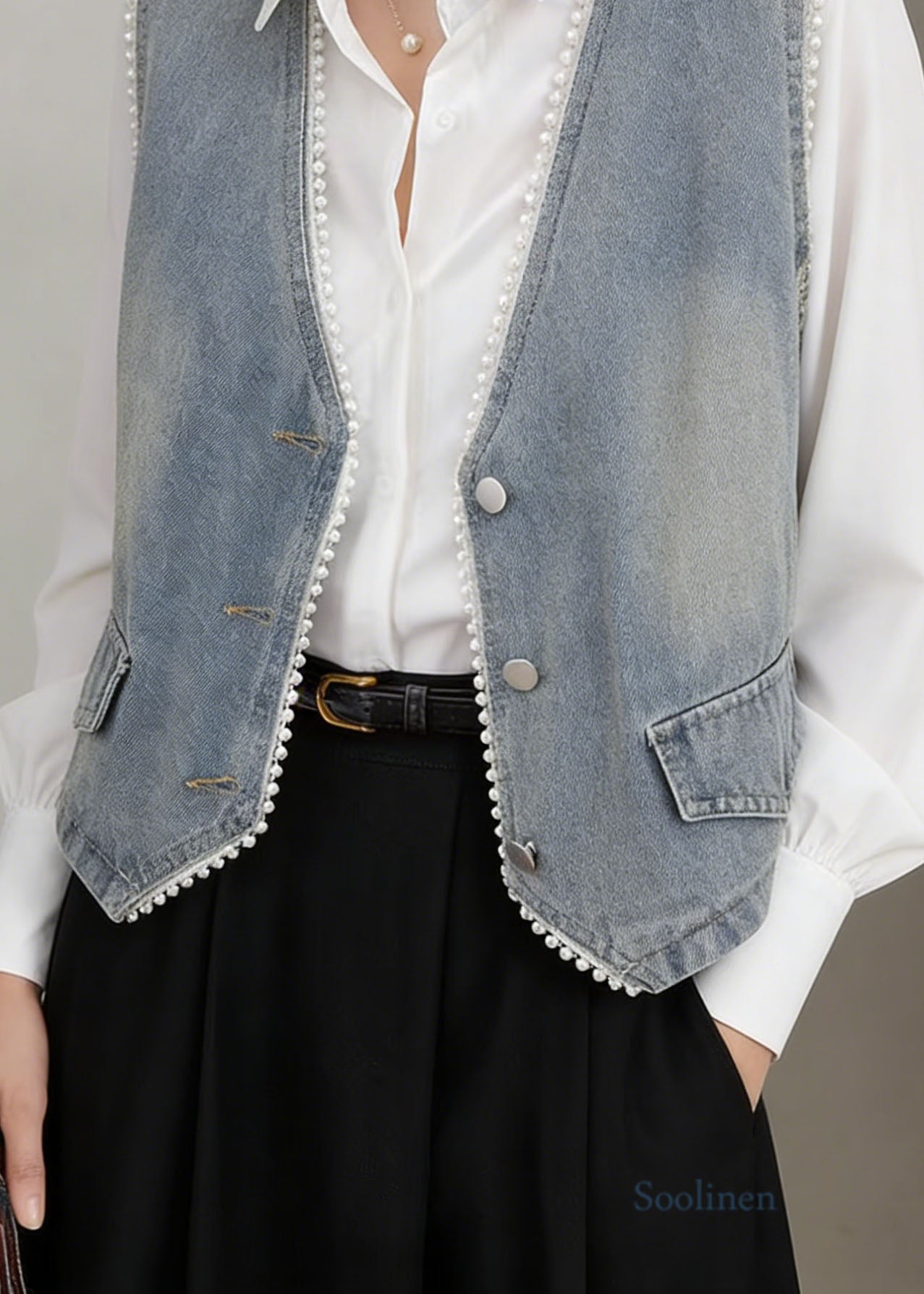 Chic Blue V Neck Pearl Edge Patchwork Denim Vest Sleeveless