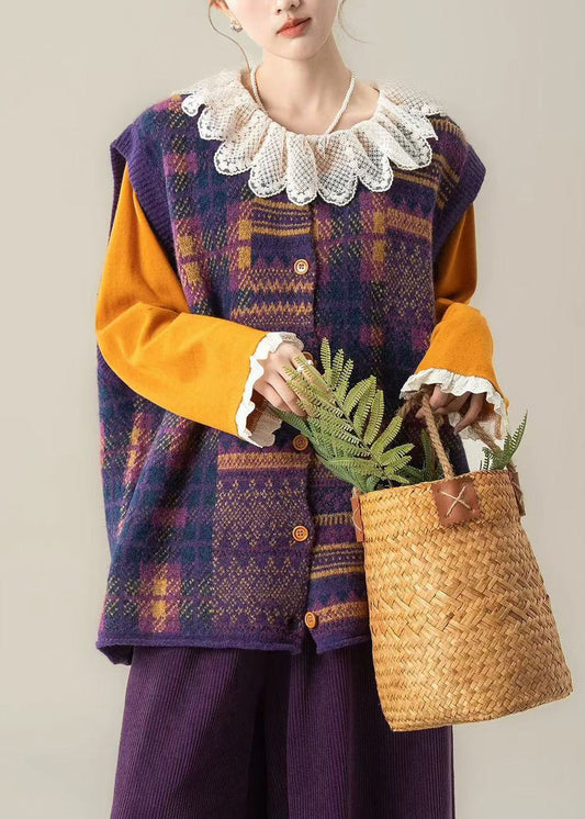 Chic Brown Oversized Print Knit Vests Winter
