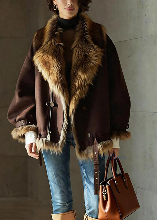 Chic Brown Pockets Button Faux Fur Jackets Winter