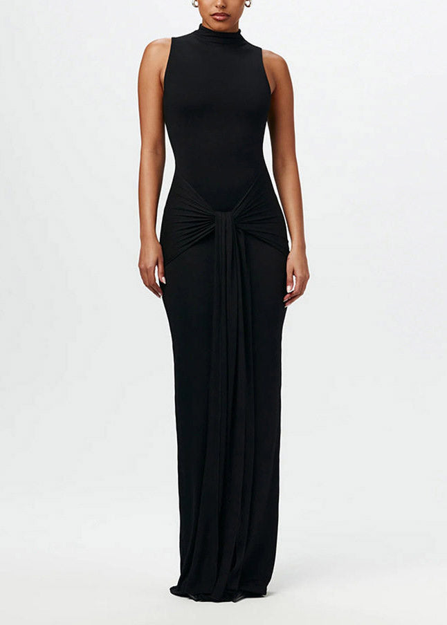 Chic Coffee Stand Collar Tie Waist Flattering Solid Robe Dresses Sleeveless