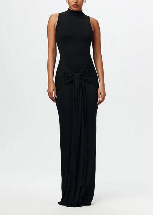 Chic Coffee Stand Collar Tie Waist Flattering Solid Robe Dresses Sleeveless