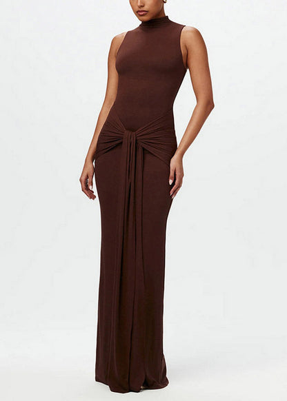 Chic Coffee Stand Collar Tie Waist Flattering Solid Robe Dresses Sleeveless