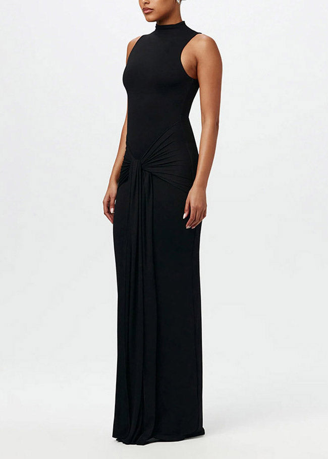 Chic Coffee Stand Collar Tie Waist Flattering Solid Robe Dresses Sleeveless