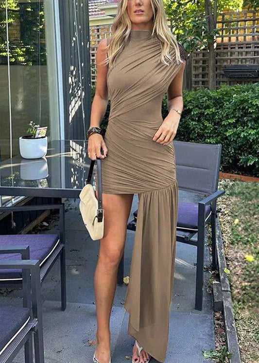 Chic Coffee Wrinkled Patchwork Maxi Dress Short Sleeve