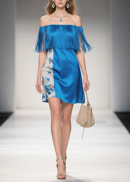 Chic Cold Shoulder Print Tassel Silk Mid Dress Summer